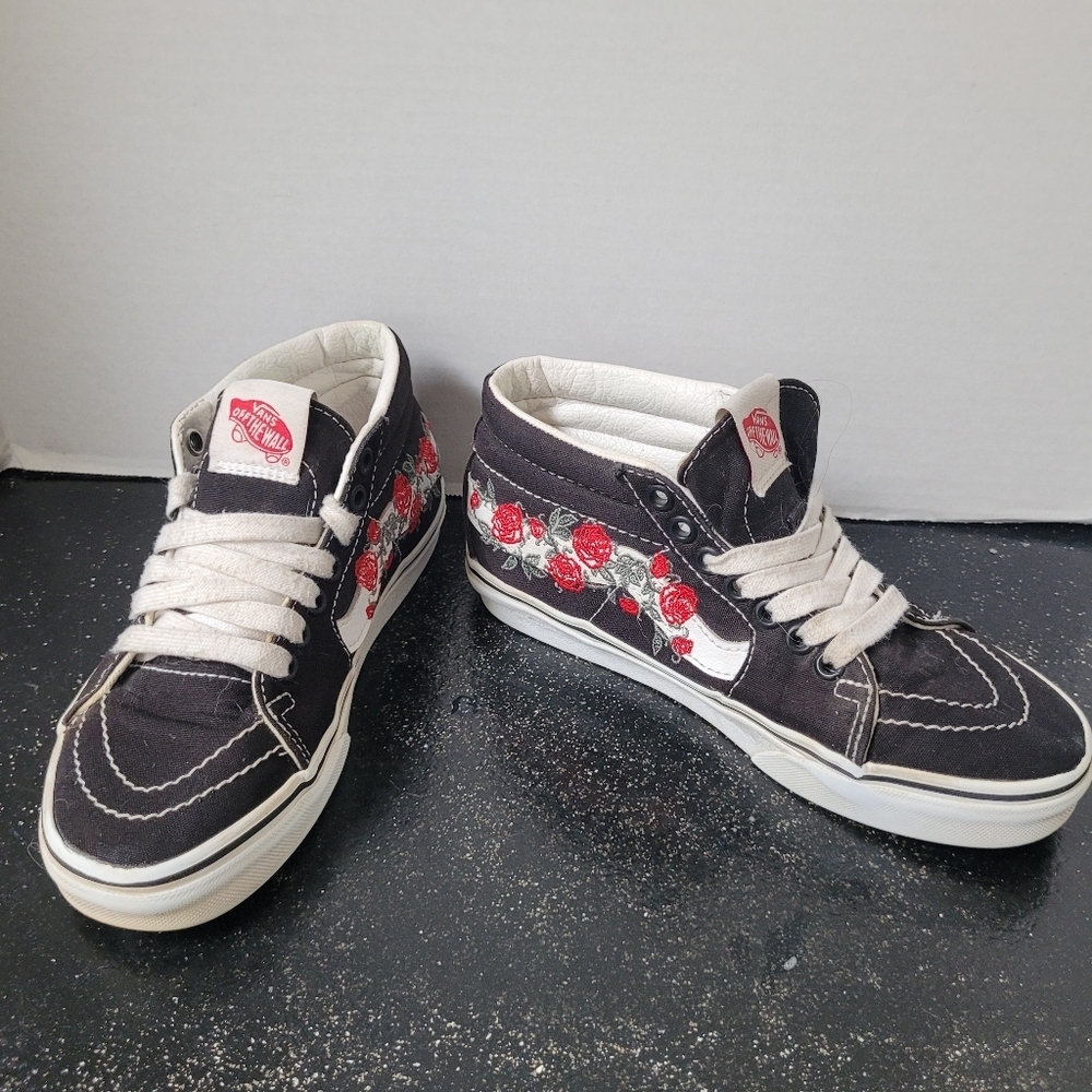 Vans Black Sneakers with Black Roses And Thorns Embroidered Hi Top Sneakers
